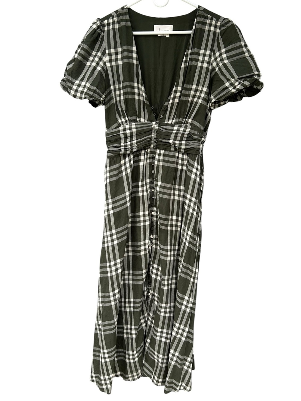 Anthropologie Katerina Button-Front Plaid Puff-Sleeve Midi Dress L - 100% Cotton - Picture 3 of 15